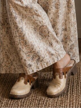 Josef Seibel Leather Mule Clogs EU 39 Cream Tan Comfort Shoes Boho Cottagecore